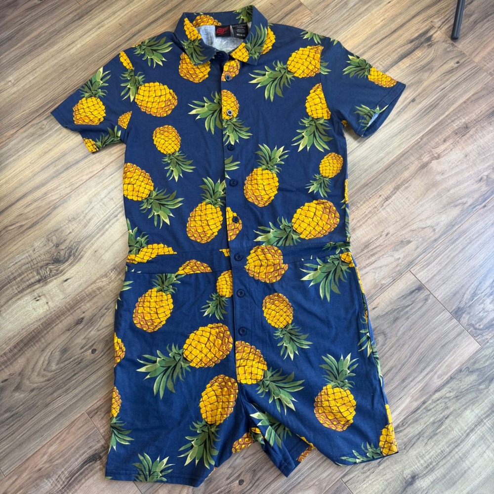 Mad Engine Pineapple Print Romper Blue Button Front Woman's M Fisherman Beach
